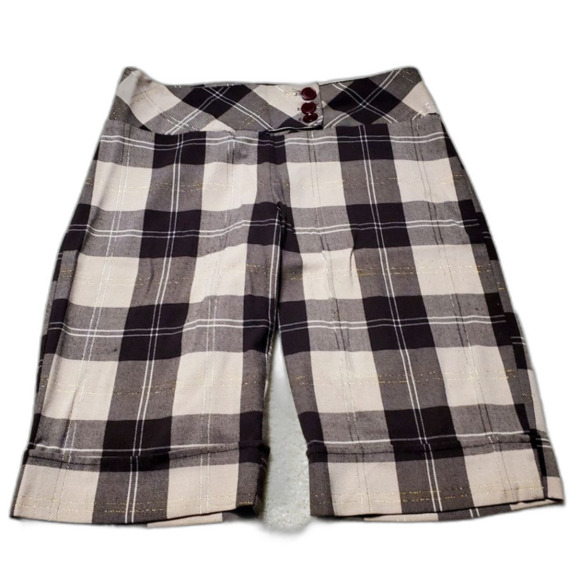 Plaid Checked Bermuda Shorts Brown & Cream 3 Button M.K.M. Designs Sz. 7/8 - Picture 1 of 8